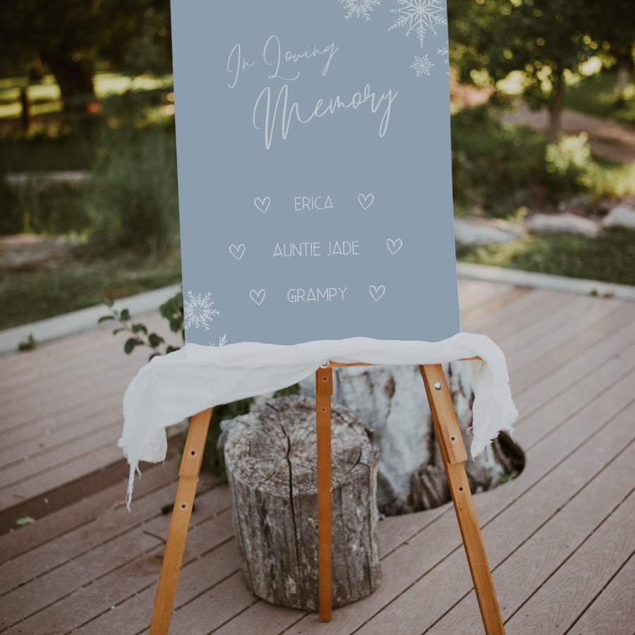 winter dusty blue in loving memory table sign for wedding | winter wedding sign | snowflakes wedding signage