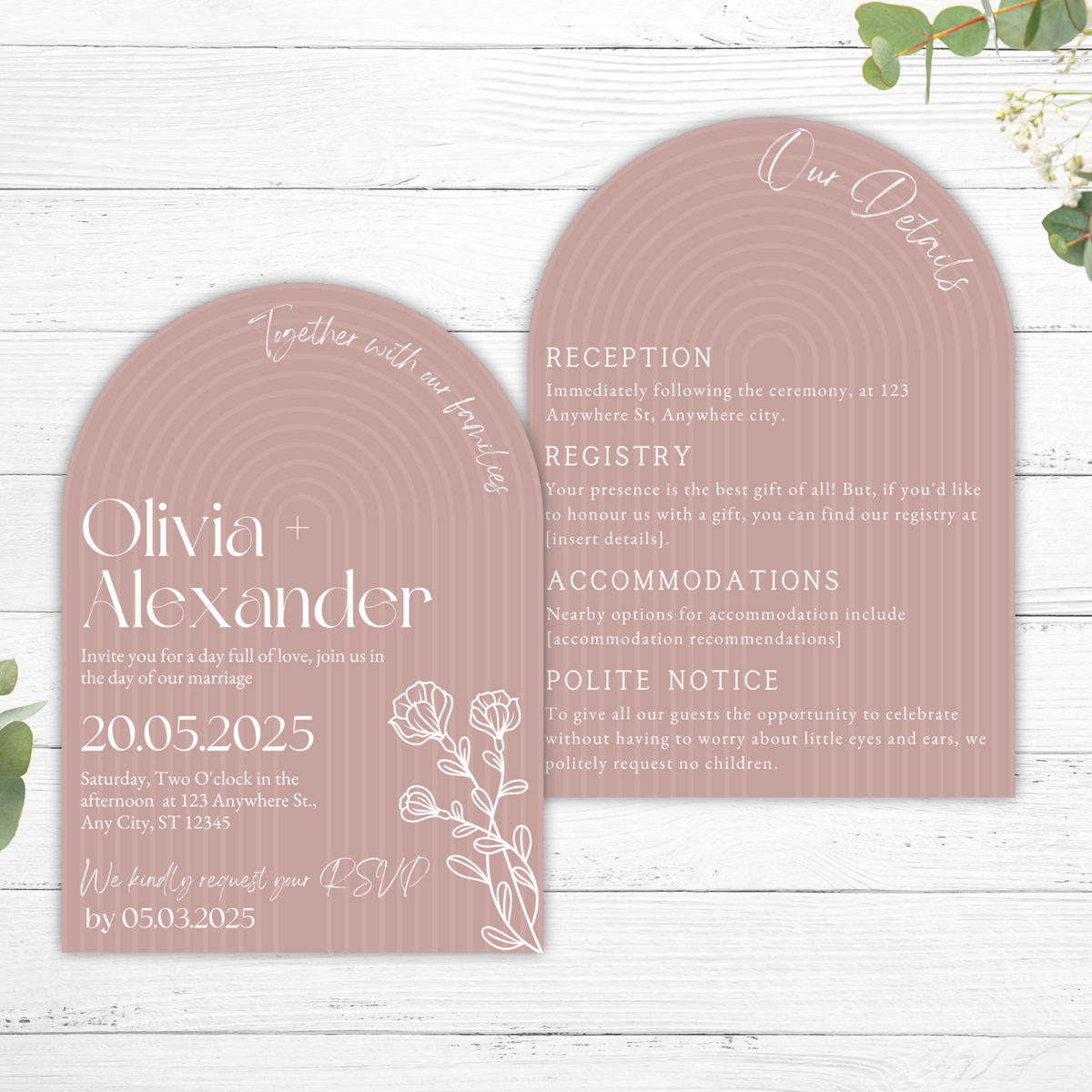 rose pink arch wedding invites - affordable wedding invitations personalised