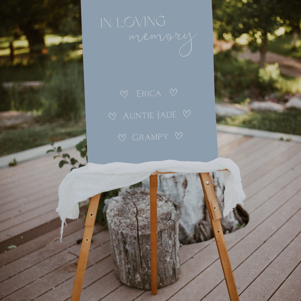 dusty blue in loving memory table sign for wedding