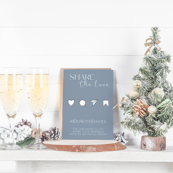 dusty blue winter wedding hashtag sign - hashtag share the love wedding sign uk - custom wedding hashtag 