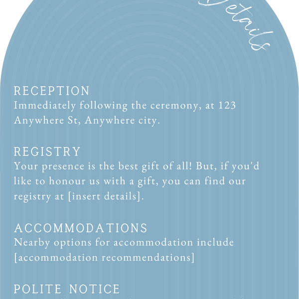 luxury arch shaped wedding invitations in sky blue - fully personalised elegant wedding invitations premium