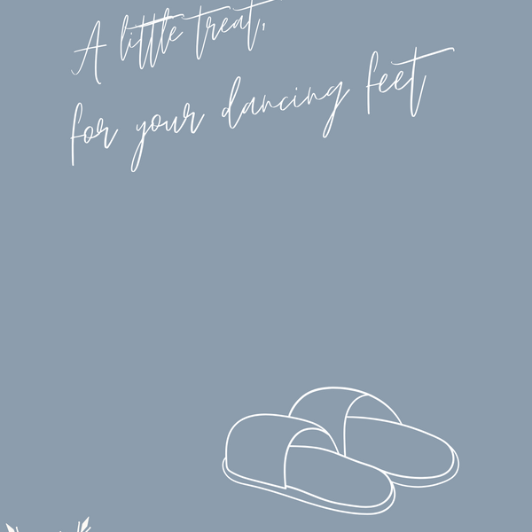 A stylish wedding sign reading "A little treat for your dancing feet, please take a pair", displayed next to a basket of flip-flops for guests. The design features elegant typography, perfect for a wedding reception.