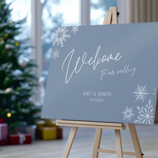 dusty blue welcome sign - snowflakes winter wedding welcome sign - personalised wedding signage 