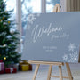 dusty blue welcome sign - snowflakes winter wedding welcome sign - personalised wedding signage 