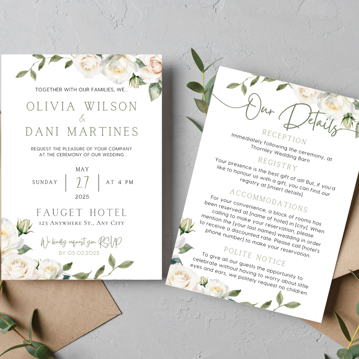 white roses floral wedding invites - affordable perosnalised wedding invitations