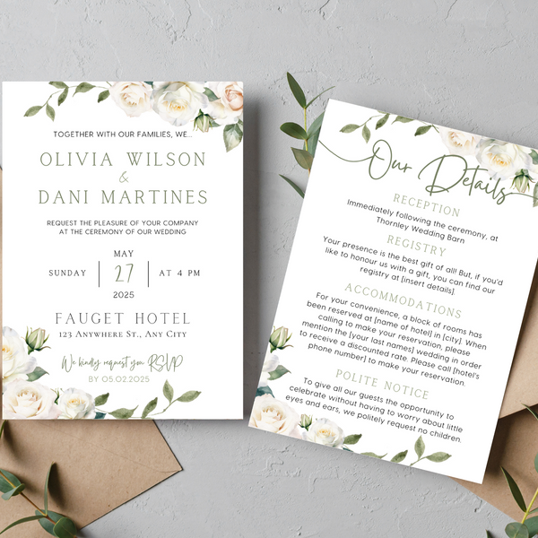 White Roses Floral Wedding Invitations