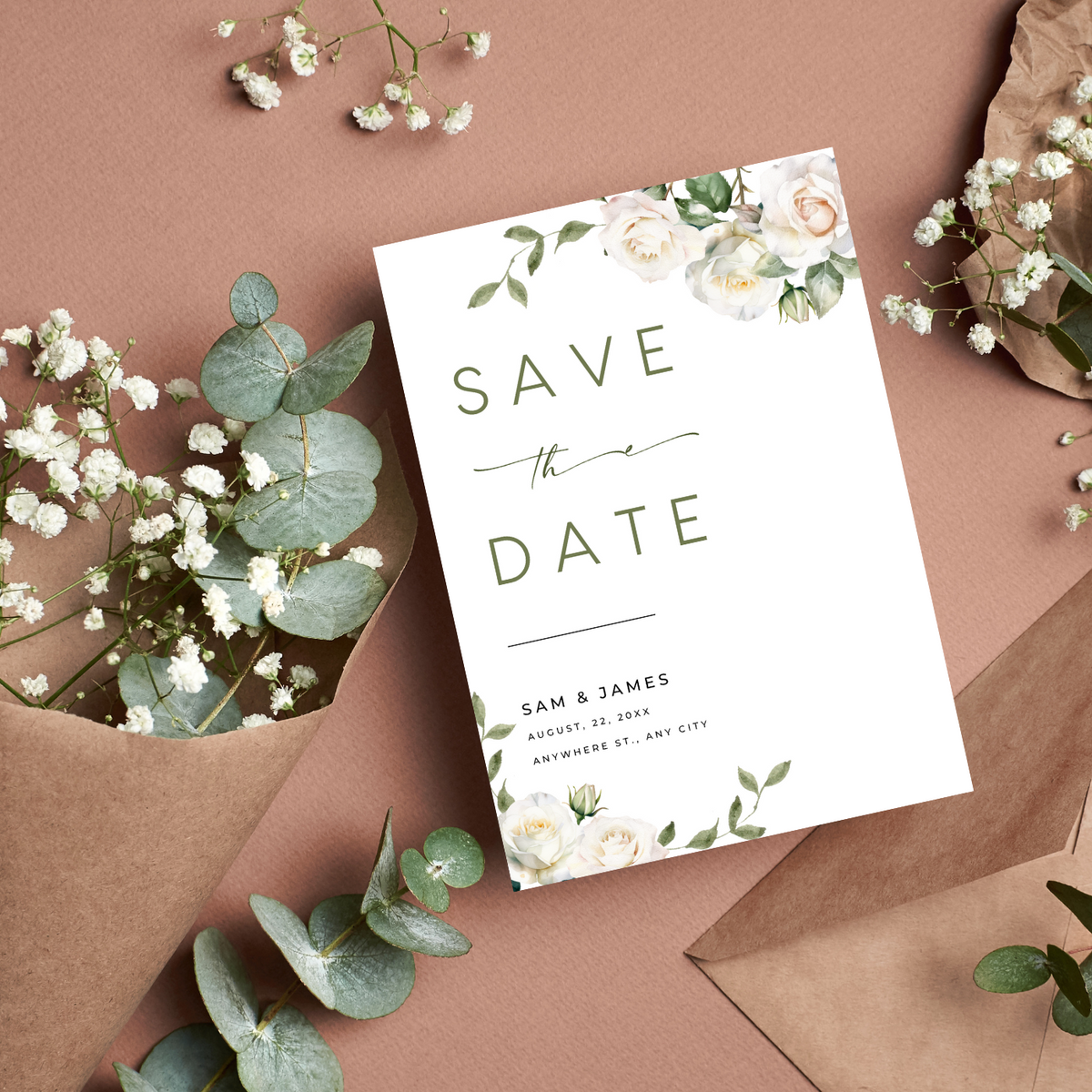 white roses floral wedding save the date invites - affordable save the dates