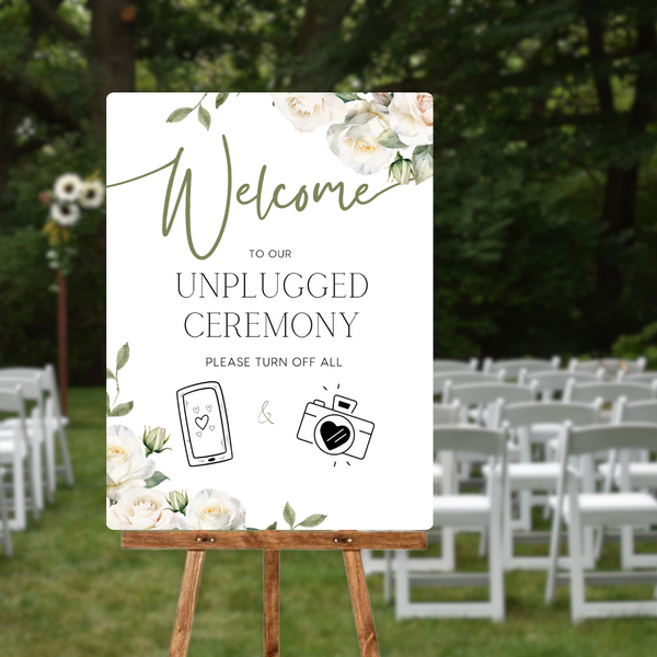 White Roses Floral Unplugged Ceremony Sign