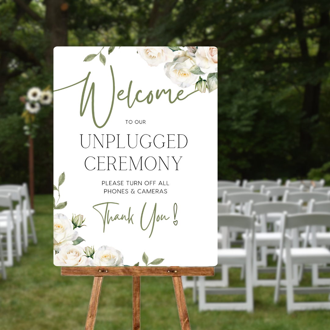 white roses floral unplugged ceremony sign - personalised wedding signs