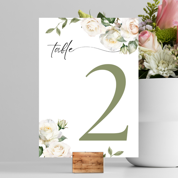 White Roses Floral Table Numbers