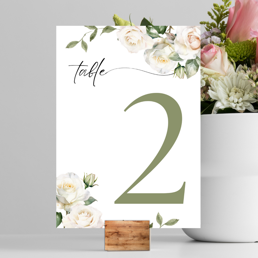 white roses floral table number signs - wedding table numbers