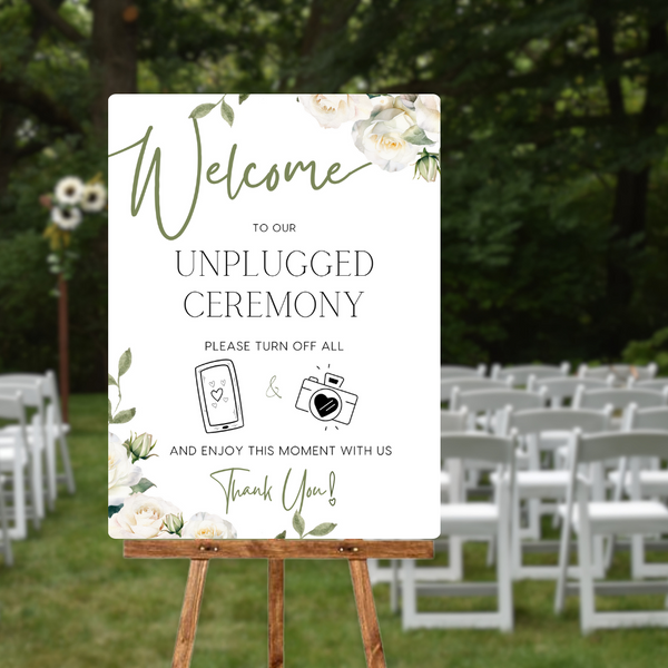 white roses floral unplugged ceremony sign - personalised wedding signs