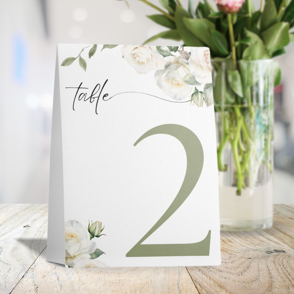 White Roses Floral Table Numbers