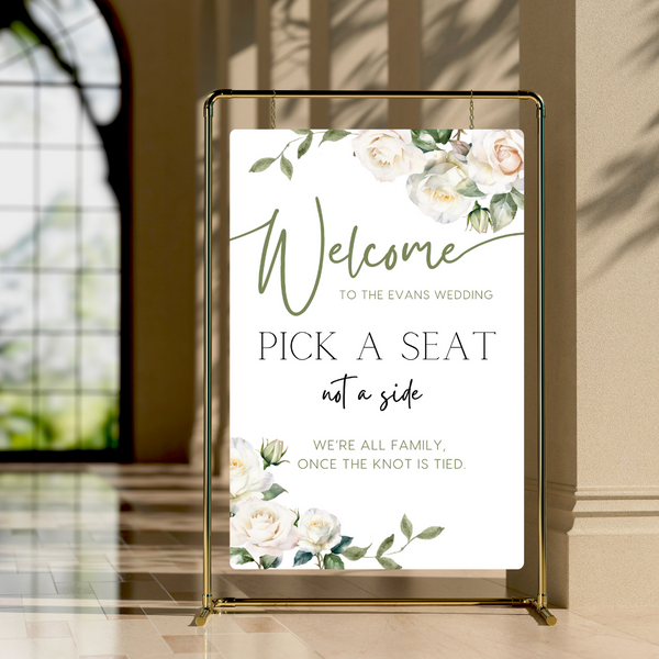 white roses floral pick a seat not a side wedding sign - affordable wedding ceremony signs