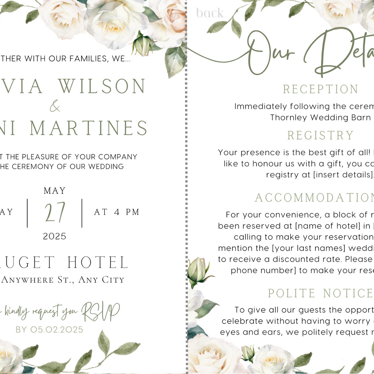 white roses floral wedding invites - affordable perosnalised wedding invitations