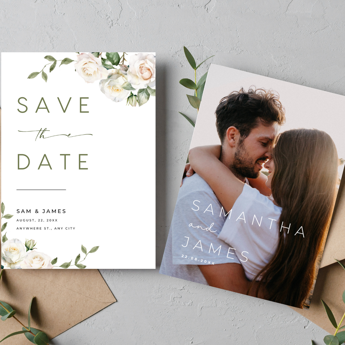 white roses floral wedding save the date invites - affordable save the dates