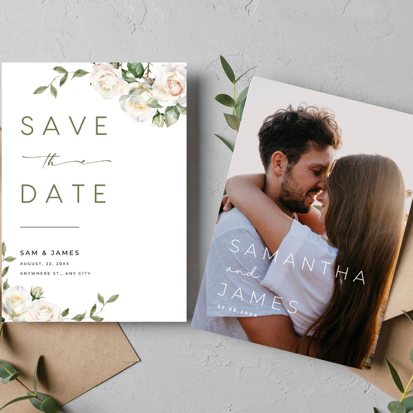 white roses floral wedding save the date invites - affordable save the dates