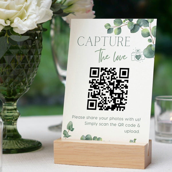 eucalyptus guest photo sharing QR code sign - personalised wedding reception sign