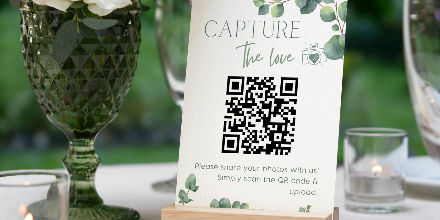 eucalyptus guest photo sharing QR code sign - personalised wedding reception sign