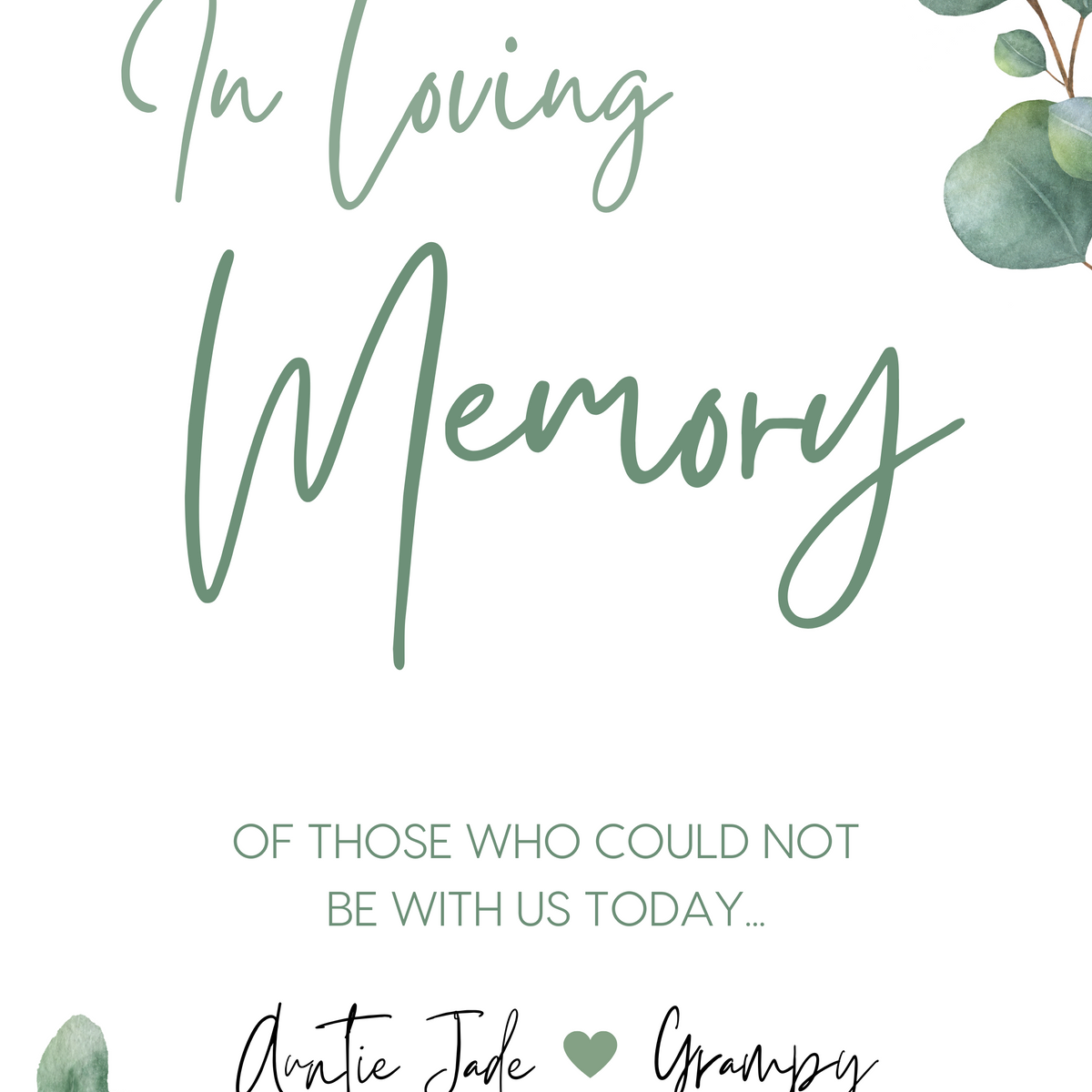 eucalyptus in loving memory table sign - affordable personalised wedding signs