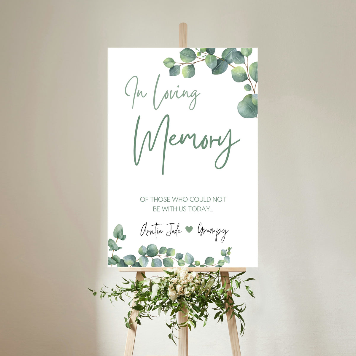 eucalyptus in loving memory table sign - affordable personalised wedding signs