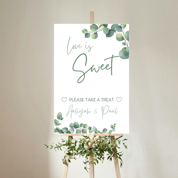 eucalyptus wedding sweet table sign - personalised love is sweet sign 