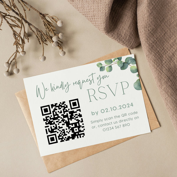 eucalyptus wedding RSVP with QR - personalised wedding RSVPs invitations