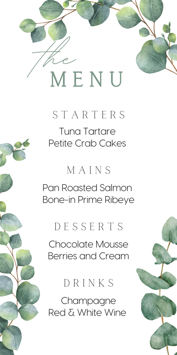 eucalyptus personalised wedding menu - affordable custom wedding menus