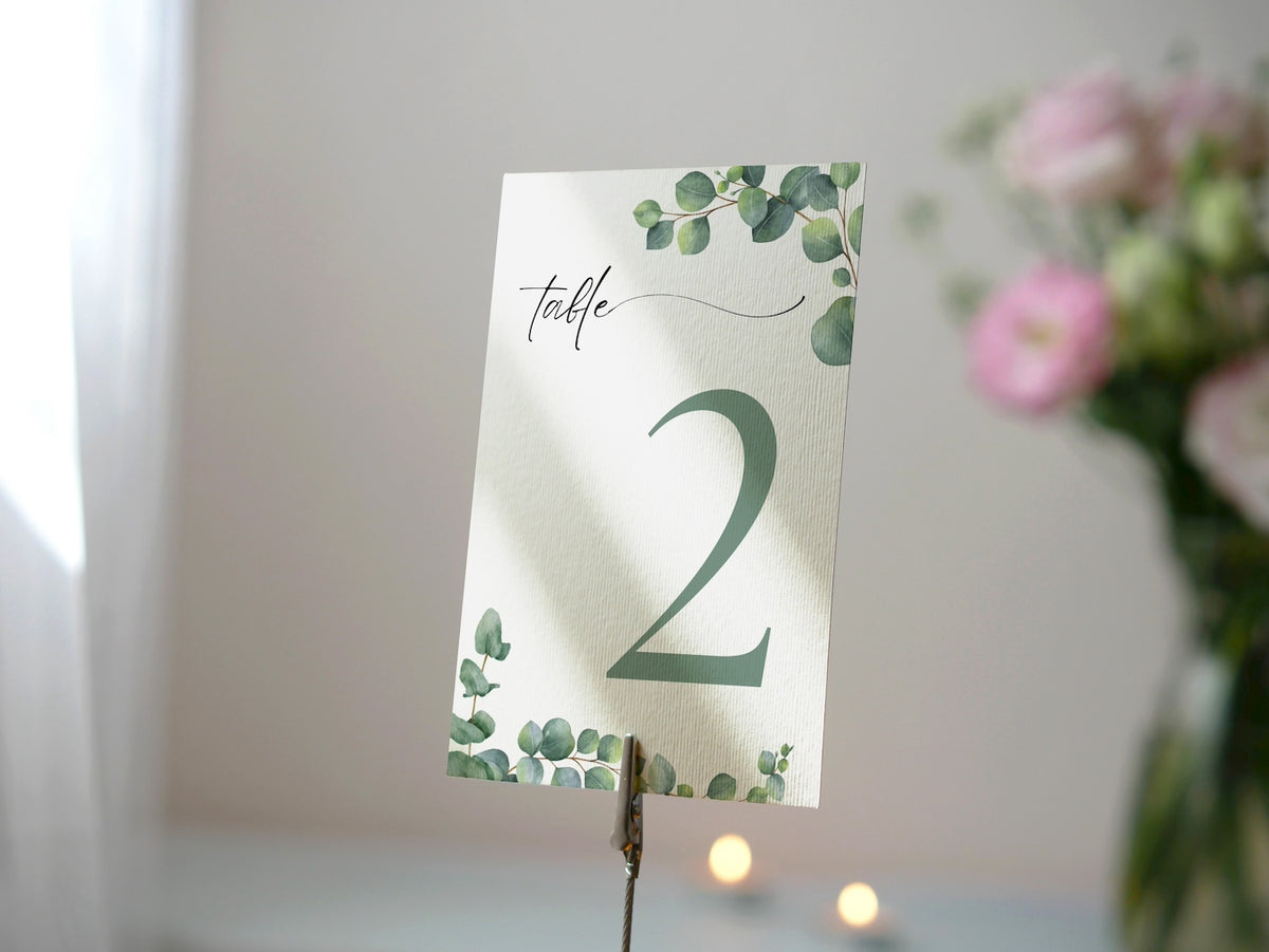 green eucalyptus table number for wedding tables - luxury wedding table numbers personalised