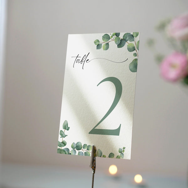green eucalyptus table number for wedding tables - luxury wedding table numbers personalised