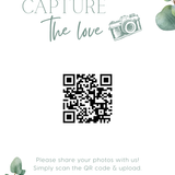 eucalyptus photo sharing qr code sign for wedding tables - luxury wedding table signage for guests to share photos