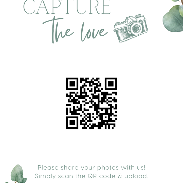 eucalyptus photo sharing qr code sign for wedding tables - luxury wedding table signage for guests to share photos