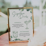 eucalyptus foliage Wedding Signature Drinks Sign - Elegant signature drinks sign personalised