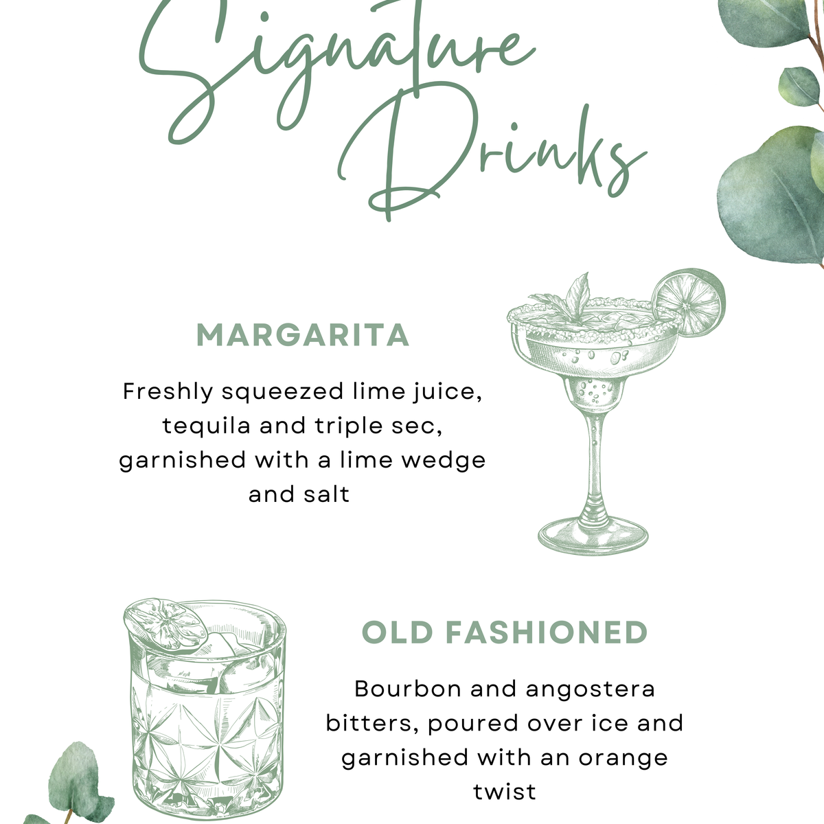 eucalyptus foliage Wedding Signature Drinks Sign - Elegant signature drinks sign personalised