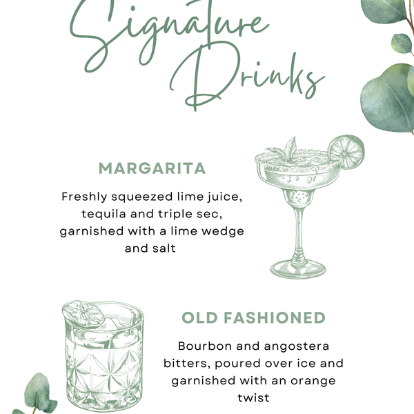 eucalyptus foliage Wedding Signature Drinks Sign - Elegant signature drinks sign personalised