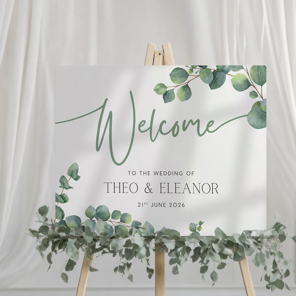 Landscape Eucalyptus Wedding Welcome Sign - Personalised Wedding Welcome Sign with Eucalyptus leaves and foliage design. Elegant Wedding Signage