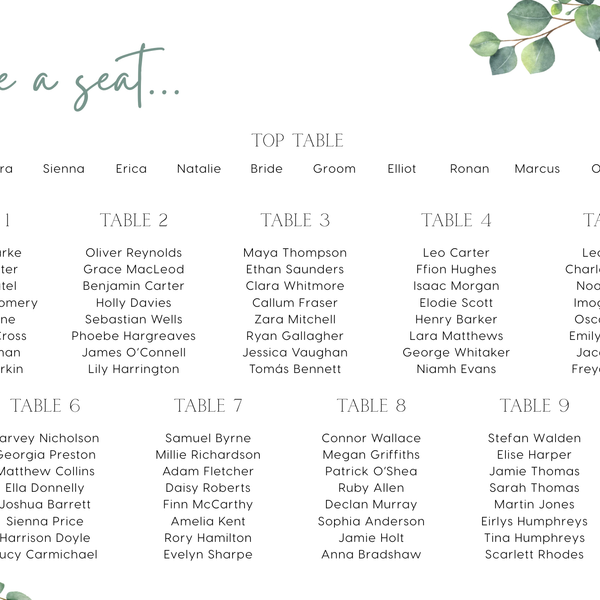 eucalyptus wedding seating plan sign -  personalised eucalyptus seating chart board