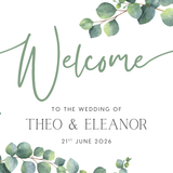 Landscape Eucalyptus Wedding Welcome Sign - Personalised Wedding Welcome Sign with Eucalyptus leaves and foliage design. Elegant Wedding Signage