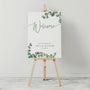Eucalyptus Wedding welcome sign - a personalised wedding welcome board, adorned with eucalyptus foliage watercolour designs, and elegant green typography. The perfect blend of understated elegance and natural beauty.