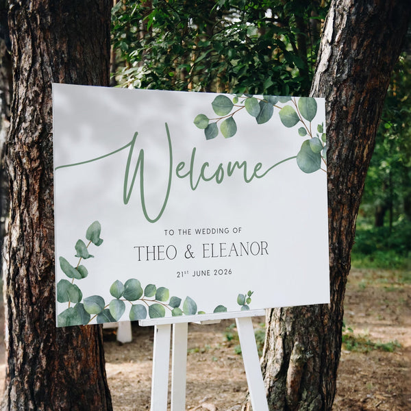 Landscape Eucalyptus Wedding Welcome Sign - Personalised Wedding Welcome Sign with Eucalyptus leaves and foliage design. Elegant Wedding Signage