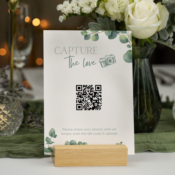 eucalyptus photo sharing qr code sign for wedding tables - luxury wedding table signage for guests to share photos