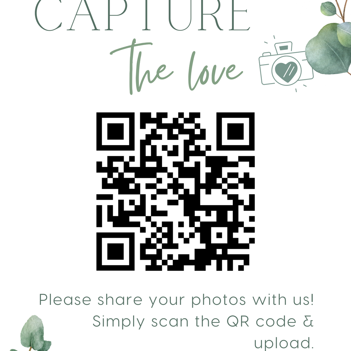 eucalyptus guest photo sharing QR code sign - personalised wedding reception sign