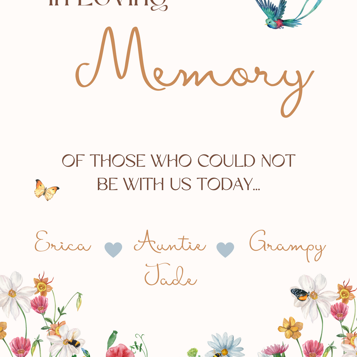 fairytale style wedding in loving memory table sign - affordable wedding signs