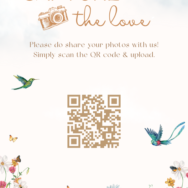 Fairytale floral photo sharing qr code sign for wedding tables - luxury wedding table signage for guests to share photos