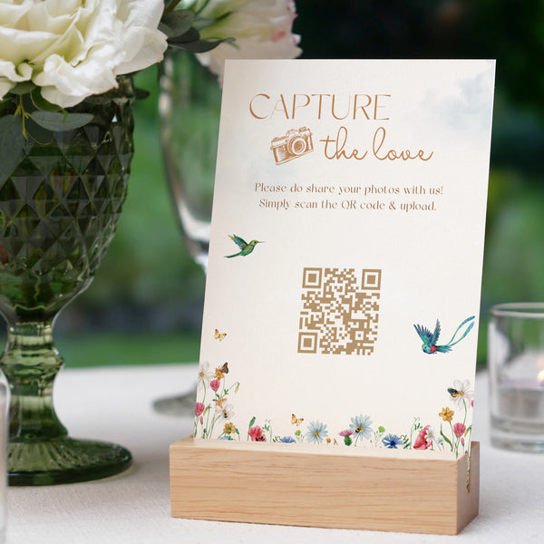 Fairytale floral photo sharing qr code sign for wedding tables - luxury wedding table signage for guests to share photos