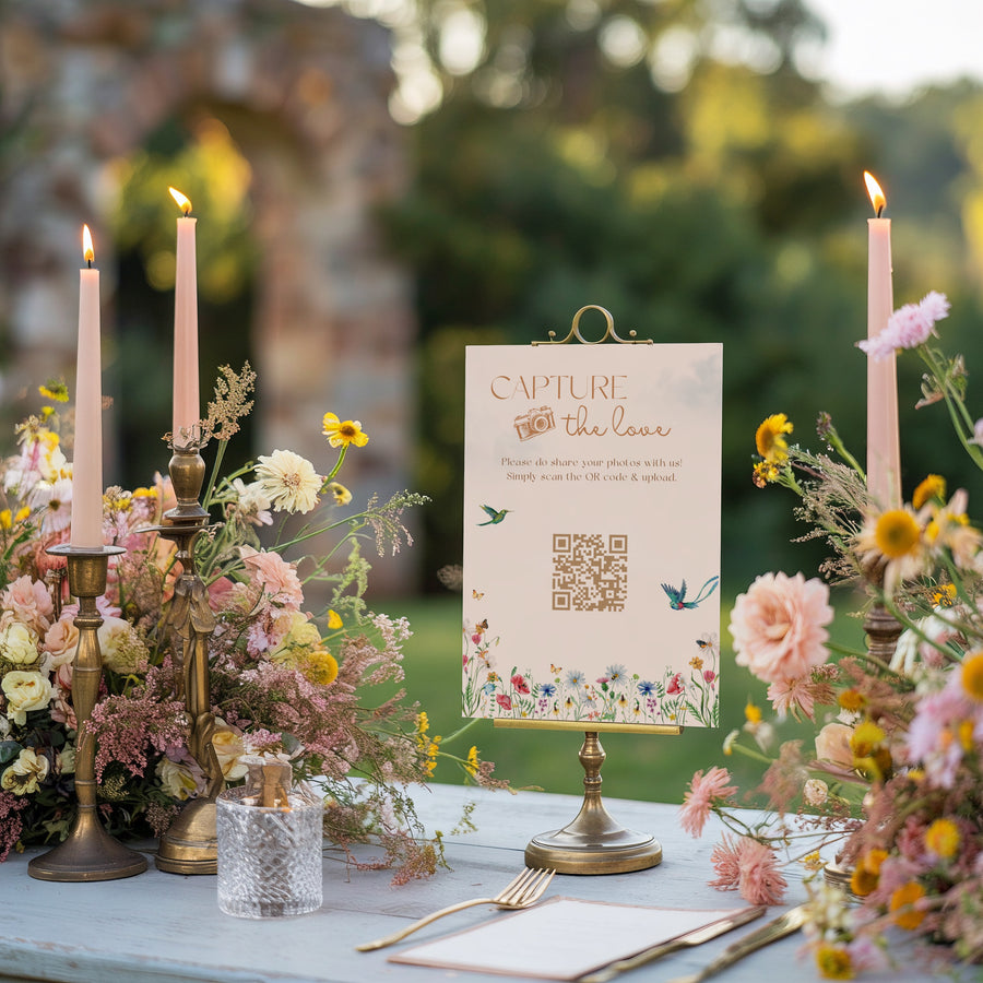 Fairytale floral photo sharing qr code sign for wedding tables - luxury wedding table signage for guests to share photos