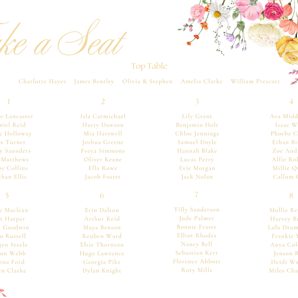 Take A Seat custom seating plan wedding sign - Our Summer Collection features beautiful wedding stationery and signage with gentle summer colours, vibrant florals, and soft butter yellow text – perfect for adding a fresh, romantic feel to your special day.