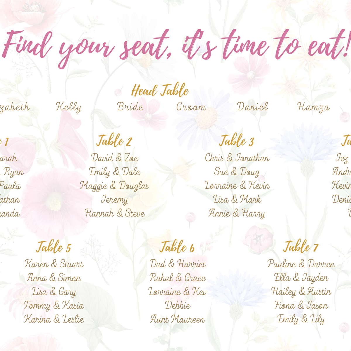 Garden Party Floral seating plan sign for wedding breakfast - pink floral wedding sign