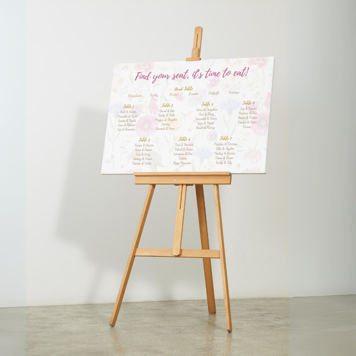 Garden Party Floral seating plan sign for wedding breakfast - pink floral wedding sign