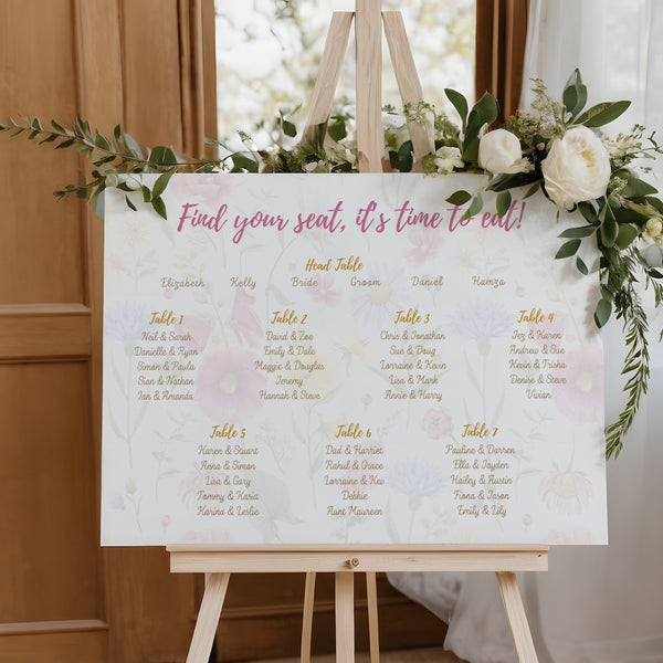 Garden Party Floral seating plan sign for wedding breakfast - pink floral wedding sign